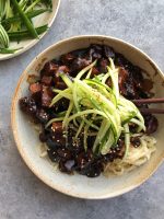 Jajangmyeon (Korean black bean noodles) in a bowl