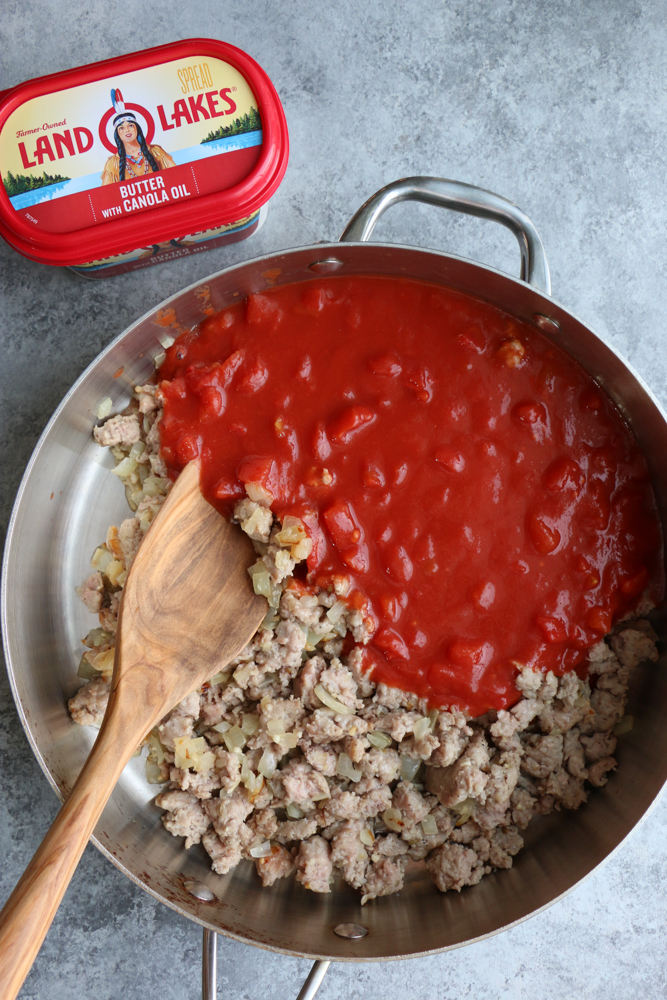 One Pan Skillet Lasagna made with Italian sausage, mozzarella cheese, Land O Lakes&reg; Butter with Canola Oil and more! So easy and delicious! 