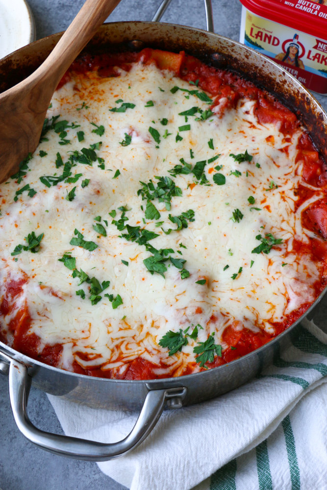 One Pan Skillet Lasagna made with Italian sausage, mozzarella cheese, Land O Lakes&reg; Butter with Canola Oil and more! So easy and delicious! 