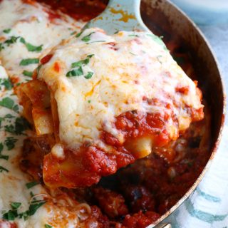 One Pan Skillet Lasagna made with Italian sausage, mozzarella cheese, Land O Lakes® Butter with Canola Oil and more! So easy and delicious!