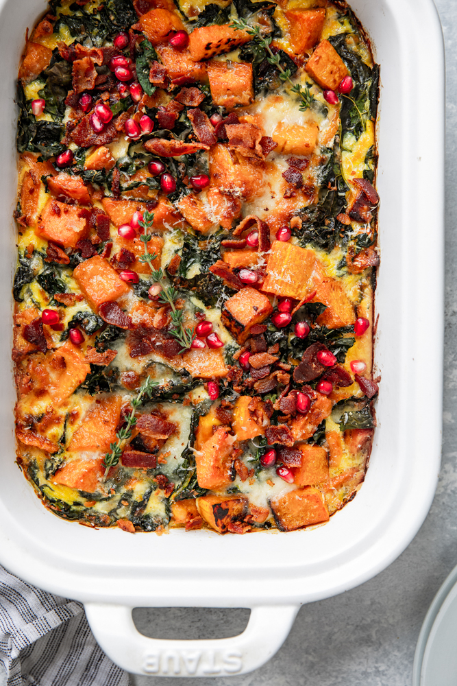 Butternut Squash Casserole! Roasted butternut squash, leeks, kale, Parmesan cheese and more, you&rsquo;ve got to try this!