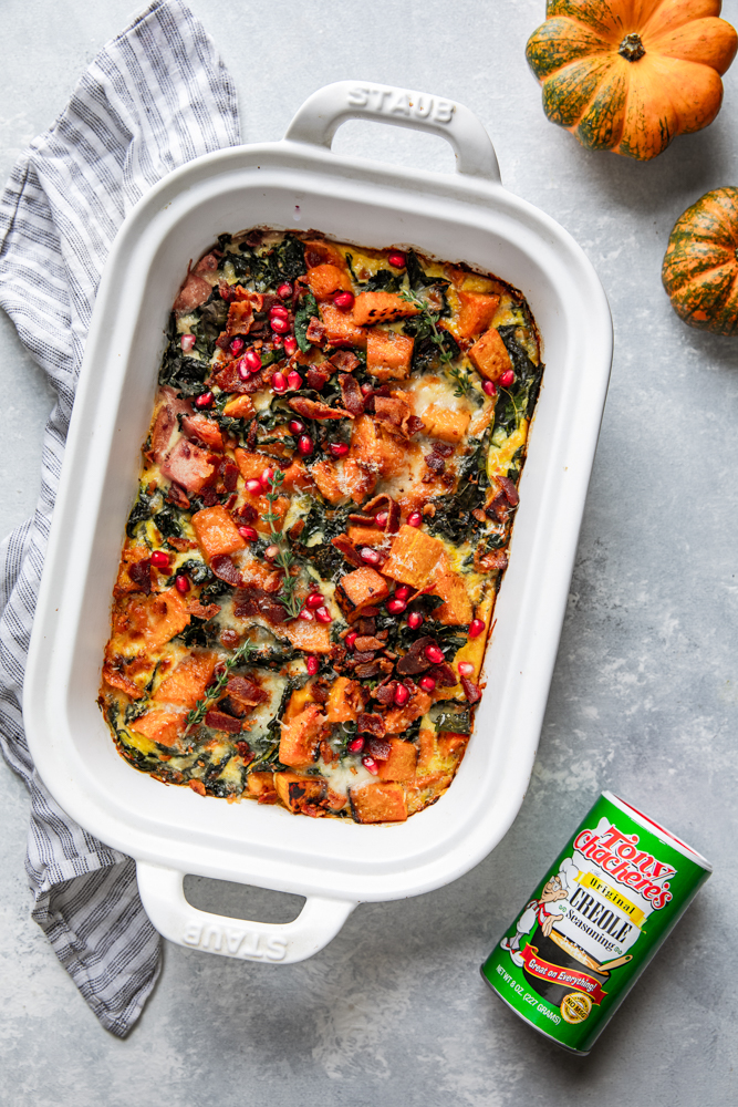 Butternut Squash Casserole! Roasted butternut squash, leeks, kale, Parmesan cheese and more, you&rsquo;ve got to try this!