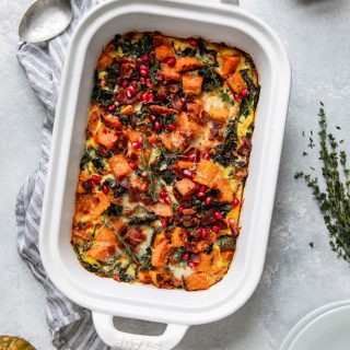 Butternut Squash Casserole! Roasted butternut squash, leeks, kale, Parmesan cheese and more, you’ve got to try this!