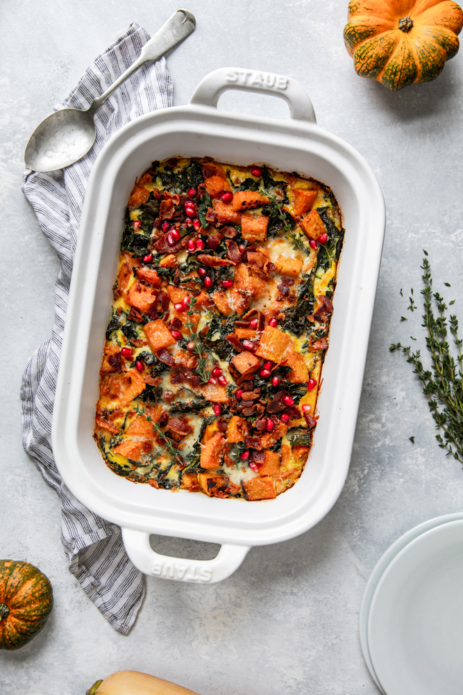 Butternut Squash Casserole! Roasted butternut squash, leeks, kale, Parmesan cheese and more, you&rsquo;ve got to try this!