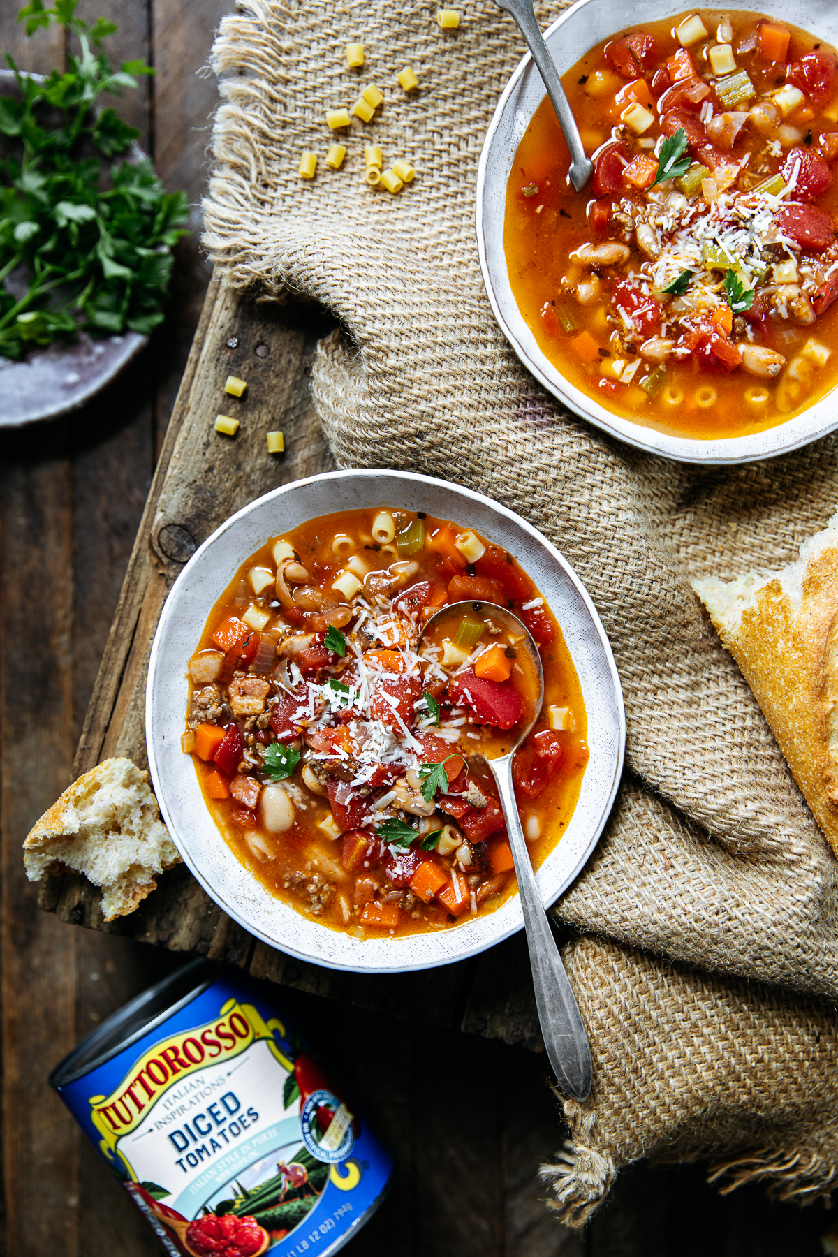 Instant Pot Pasta e Fagioli! One of our favorite soups to make! Made with Tuttorosso diced tomatoes, you won&rsquo;t believe how incredible this Pasta e Fagioli is! We hope you try it!