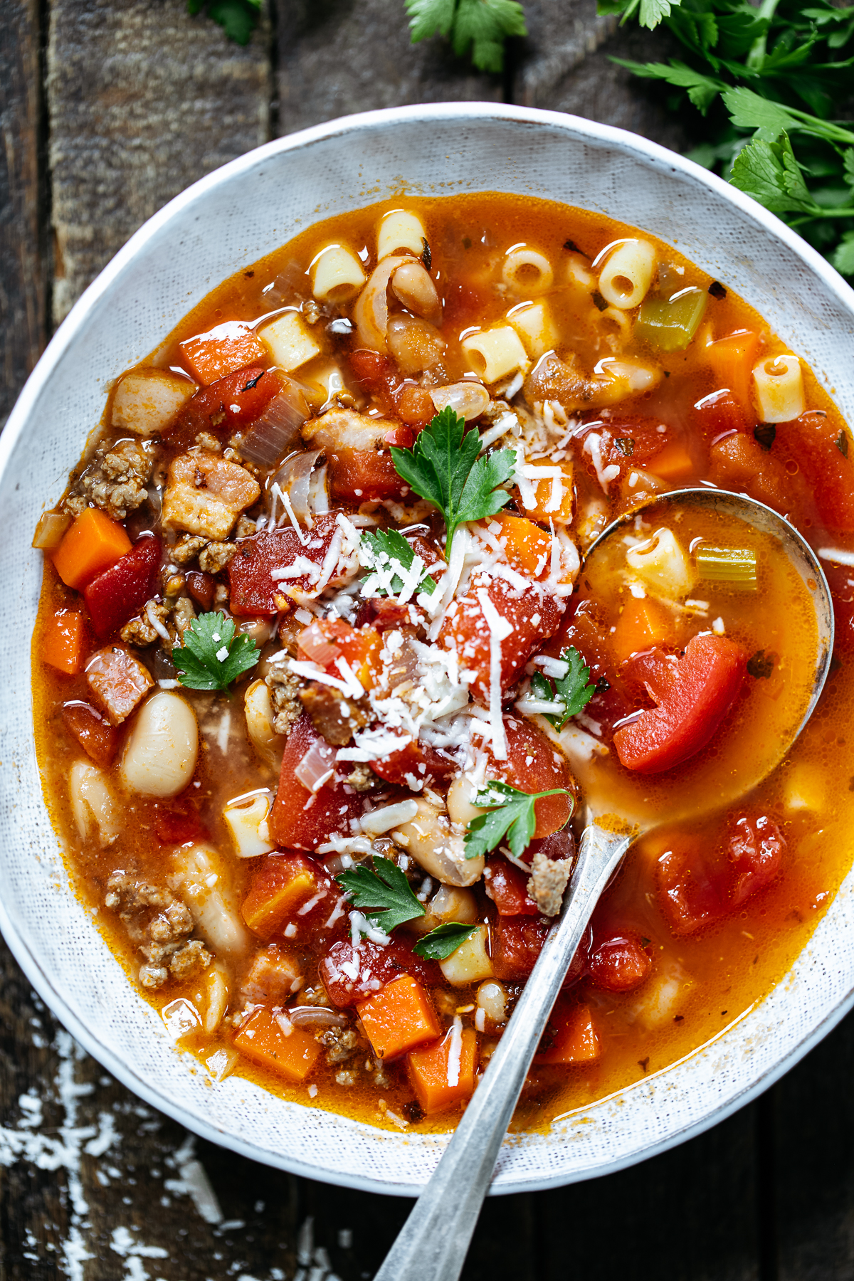 Instant Pot Pasta e Fagioli! One of our favorite soups to make! Made with Tuttorosso diced tomatoes, you won&rsquo;t believe how incredible this Pasta e Fagioli is! We hope you try it!