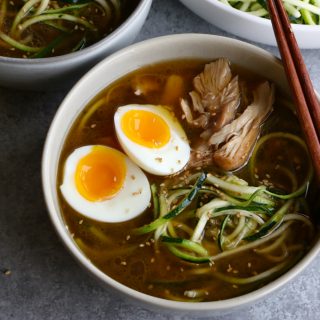 Chicken Ramen with Zucchini Noodles! Made in the instant pot and using zucchini noodles, this is fast, delicious and low carb!