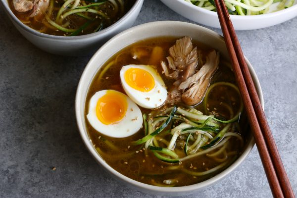 Chicken Ramen with Zucchini Noodles! Made in the instant pot and using zucchini noodles, this is fast, delicious and low carb!