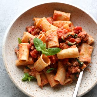 Creamy Rigatoni Pasta! Using pantry staples, plus an onion, garlic and heavy whipping cream. Check out the recipe to see my flavor booster!