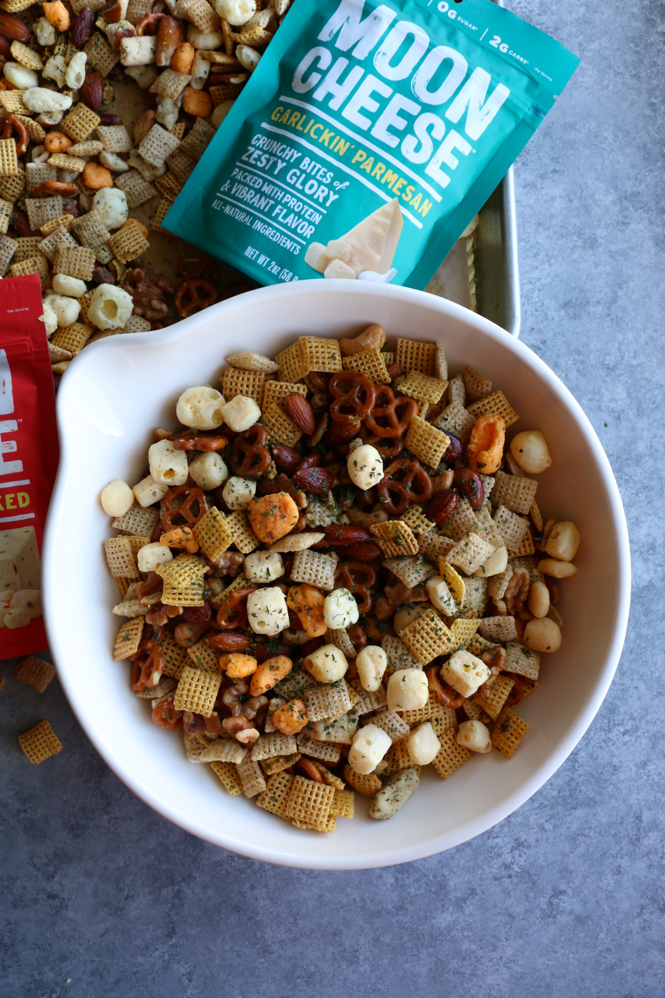 Moon Cheese Chex Snack Mix! Whether you need a snack on-the-go, a snack to keep at your desk at work, an after work out snack or just a big bowl of deliciousness for a movie night at home, we hope you try this recipe! It’s so good!