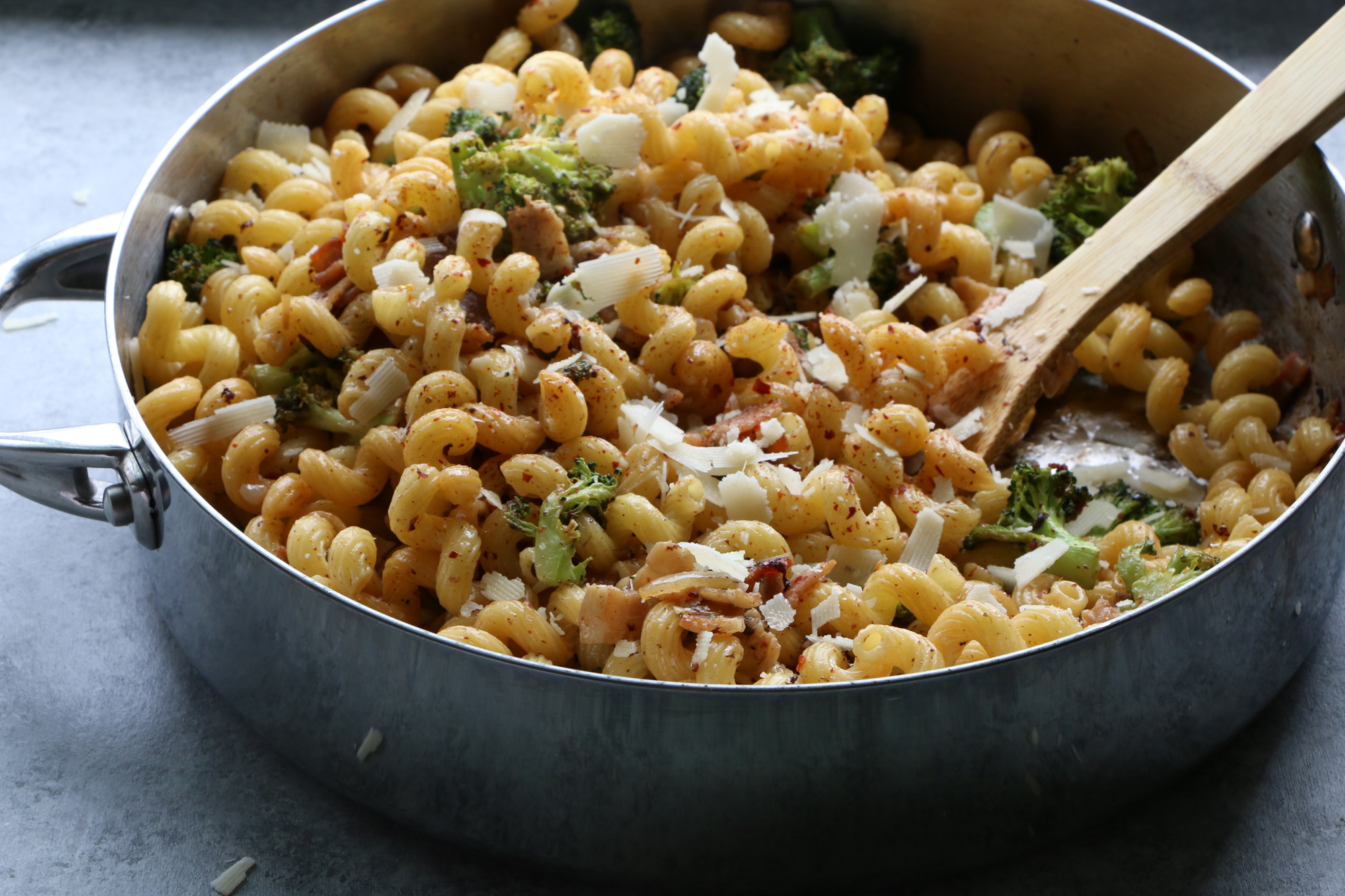 Cavatappi with Bacon and Roasted Broccoli. Quick, flavorful and so easy to make! We hope you give this recipe a try!