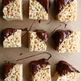 Peanut Butter Rice Krispie Treats with Chocolate! These are so easy to make! Mix it up by adding peanut butter and dipping into chocolate.