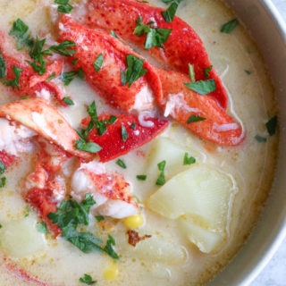 Lobster and Corn Chowder! Delicious and flavorful lobster and corn chowder with bacon, onions, carrots, celery, potatoes and more!