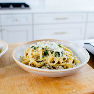 Creamy Mushroom Spinach Fettuccine made with Land O Lakes® Butter with Olive Oil & Sea Salt. So delicious and easy to make, this is sure to become a family favorite!