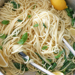 Lemon Spaghetti with spinach. Light, fresh, bright and oh so delicious! This spring themed pasta celebrates the coming of the new season and comes together super quick. We hope you try the recipe! 