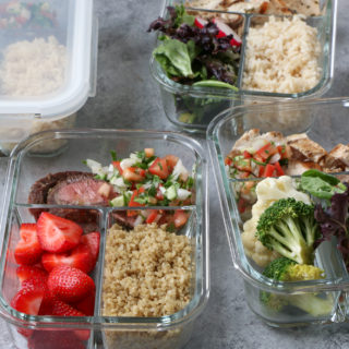Make Ahead Meals with ALDI: Marinated Flat Iron Steak and chicken with brown rice, quinoa and steamed vegetables.