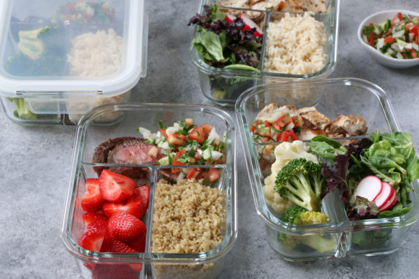 Make Ahead Meals with ALDI: Marinated Flat Iron Steak and chicken with brown rice, quinoa and steamed vegetables.