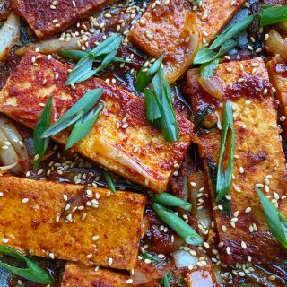 Spicy Braised Tofu, or dubu-jorim! One of my favorite Korean foods to eat with some steaming, hot rice. It's so good!