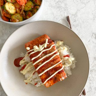 Salmon Rice Bowl with Cucumber Kimchi. If you've seen the viral salmon rice bowl on TikTok, this is my Korean version.