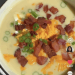 Loaded Baked Potato Soup! Filled with potato chunks, creamy goodness and topped with cheddar cheese and bacon bits.