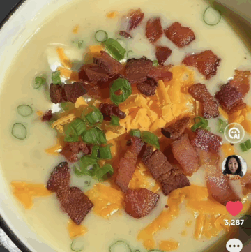Loaded Baked Potato Soup! Filled with potato chunks, creamy goodness and topped with cheddar cheese and bacon bits.