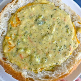 Broccoli Cheddar Soup in a bread bowl! This is very similar to Panera's Broccoli Cheddar Soup. .  maybe better!!