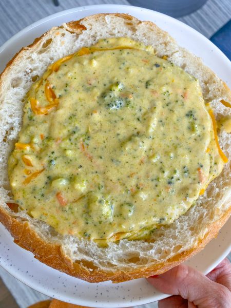 Broccoli Cheddar Soup in a bread bowl! This is very similar to Panera's Broccoli Cheddar Soup. .  maybe better!!