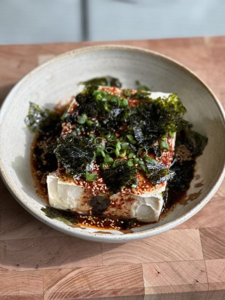 Easy Silken Tofu With Soy Dressing! The easiest no-cook tofu dish ever! Dressed with a spicy soy sauce dressing, this dish is so delicious!