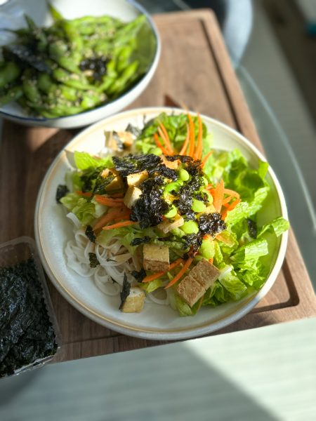 Asian Noodle Salad with Edamame! Rice noodles mixed with fresh lettuce, carrots, fried tofu and edamame, with a miso sesame ginger dressing! So delicious and refreshing! I hope you try it!
