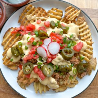 Crispy Waffle Nacho Fries using Grown In Idaho™ Super Crispy Waffle Fries!! I love how super crispy and delicious they are!!