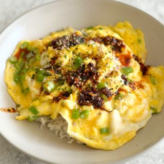 Soft scrambled eggs with rice. This is so simple, so comforting and delicious. Add chili oil and furikake and enjoy! I hope you try this!