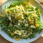 Spring Pasta Salad with Roasted Vegetables, arugula and a delicious homemade dressing! So easy to make and perfect for brunch or lunch, we hope you try it!