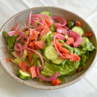 Simple Smoked Salmon Salad with pickled red onions. Super easy and you can throw this salad together in under 5 minutes.