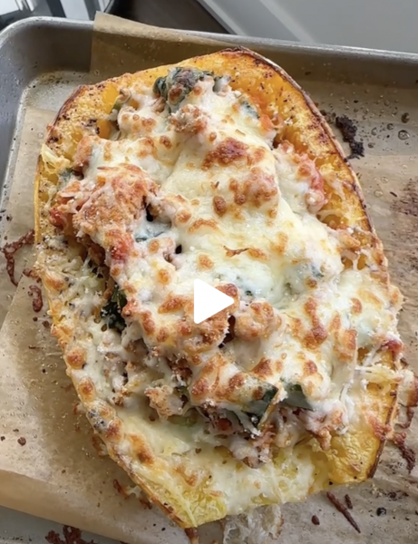 Easy Weeknight Spaghetti Squash Lasagna! Filled with ground turkey, zucchini and spinach, this is a delicious and healthy meal to make!