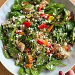 Kale Sweet Potato and Sausage Salad! A warm-ish salad that's so delicious and filling. Kale, spinach, chicken sausage and more!