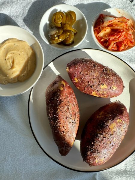 Roasted Korean Sweet Potatoes with Miso Butter and Kimchi. Enjoy this as a snack, or even a meal, these are so delicious!! 