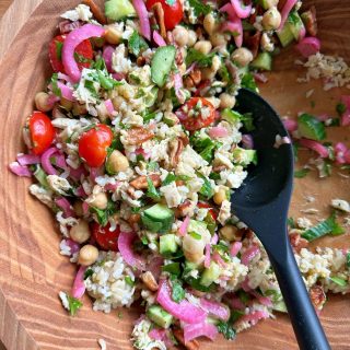 Viral Tuna Chickpea Cucumber and Parsley Salad! Packed with protein, fresh vegetables, pickled red onions and more!