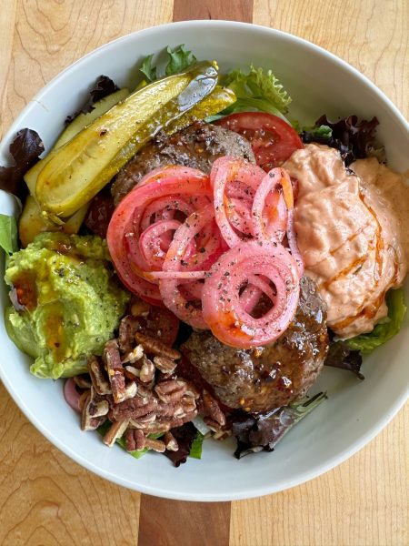 Burger Salad with Thousand Island Dressing! A deconstructed burger salad bowl filled with pickled red onions, pickles, guacamole and more! 