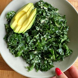 Kale Caesar Salad! So simple, yet so delicious! Made with my Greek yogurt caesar dressing, grated parmesan cheese and lemon! So good!