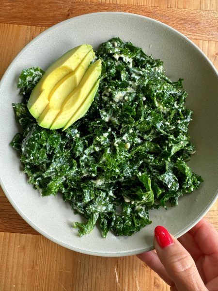 Kale Caesar Salad! So simple, yet so delicious! Made with my Greek yogurt caesar dressing, grated parmesan cheese and lemon! So good!