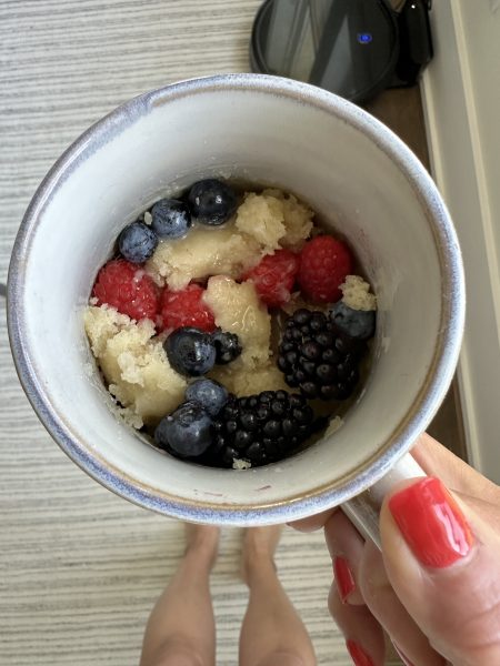 Vanilla Mug Cake with vanilla glaze, made with Planet Oat Unsweetened Original Oatmilk! Takes just 2 minutes in the microwave. It's so good!