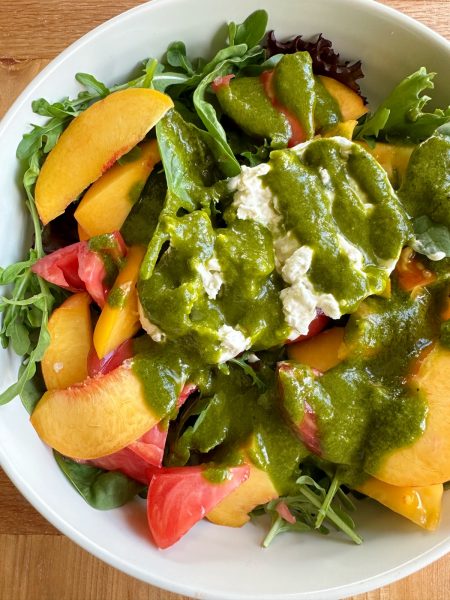 Peach Tomato Burrata Salad! Fresh, so easy and delicious! This is the perfect salad to enjoy in the summer time!