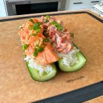 Cucumber Roll with Spicy Tuna and Spicy Salmon sashimi. This is a fun way to eat a sushi inspired spicy tuna roll with cucumbers. 