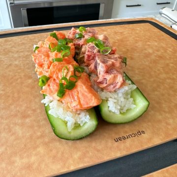 Cucumber Roll with Spicy Tuna and Spicy Salmon sashimi. This is a fun way to eat a sushi inspired spicy tuna roll with cucumbers. 