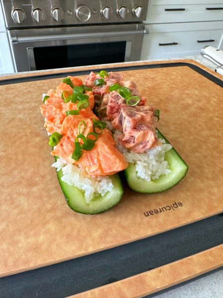 Cucumber Roll with Spicy Tuna and Spicy Salmon sashimi. This is a fun way to eat a sushi inspired spicy tuna roll with cucumbers. 
