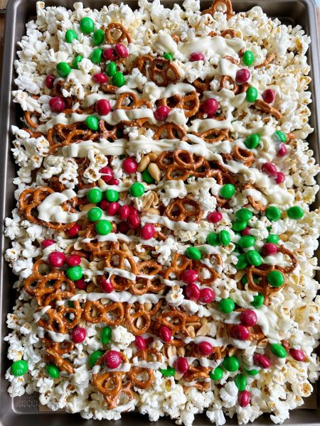 Holiday Popcorn Snack Mix and More! The perfect mix of sweet and savory! Popcorn, pretzels, M&M's, peanuts and white chocolate! So good!