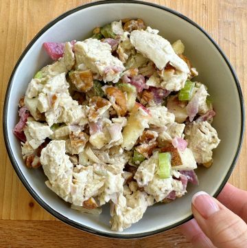 Chunky Chicken Salad with Honey Mustard Dressing! Chicken breast, celery, pecans, apples and pears for sweetness and more! So delicious!