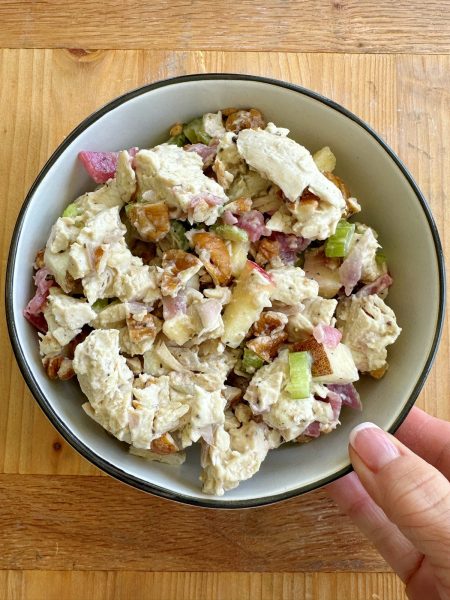 Chunky Chicken Salad with Honey Mustard Dressing! Chicken breast, celery, pecans, apples and pears for sweetness and more! So delicious!