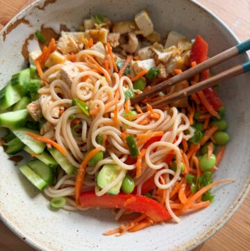 Spicy Garlic Chili Noodles! Udon rice noodles dressed in a spicy garlic dressing with pan fried tofu, cucumbers, bell peppers and more!