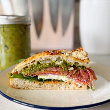 Italian Sandwich with Pistachio Pesto! Here's my take on the viral Trader Joe's sandwich but with homemade pistachio pesto!